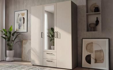 Three-winged wardrobe with drawers, mirror and clothes rod Bruno M 1 Three-winged wardrobe with drawers, mirror and clothes rod